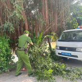 Công an xã Trung Hưng ra quân phát quang cây xanh, dọn dẹp vệ sinh môi trường