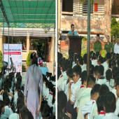 Công an xã Đông Phước tuyên truyền đảm bảo trật tự an toàn giao thông và trao tặng mũ bảo hiểm cho học sinh lớp Một