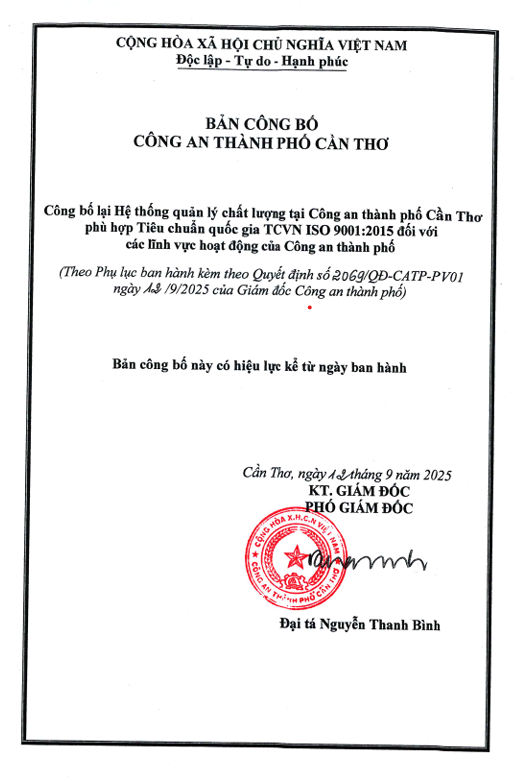BẢN CÔNG BỐ HỆ THỐNG QUẢN LÝ CHẤT LƯỢNG TẠI CÔNG AN THÀNH PHỐ CẦN THƠ