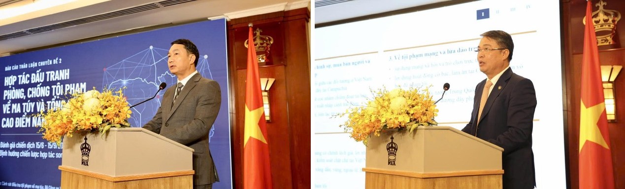 Đại diện lực lượng chức năng hai nước phát biểu tham luận tại Hội nghị.