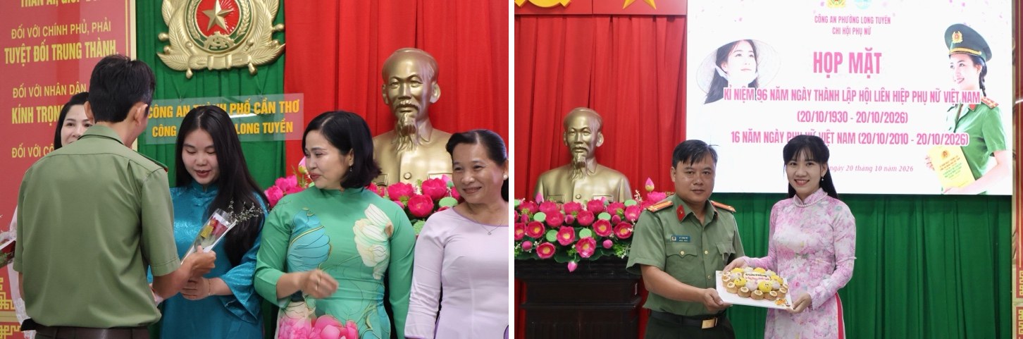 Đảng ủy Công an phường Long Tuyền tặng hoa, quà chúc mừng Chi hội phụ nữ tại buổi họp mặt.