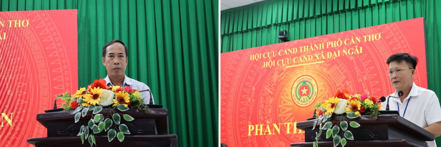 Đồng chí Nguyễn Thanh Sang, Nguyên Bí thư xã Long Đức (cũ) và đồng chí Hồ Minh Trinh, Công an xã bán chuyên trách phát biểu tại Đại hội.