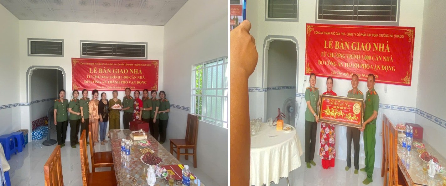 Phòng An ninh đối ngoại, Công an thành phố, Hội Phụ nữ đơn vị và đại diện Công an xã Tân Hòa trao quà đến gia đình chị Đỗ Thị Nâu nhân dịp Lễ bàn giao nhà trong ngày 20/10.
