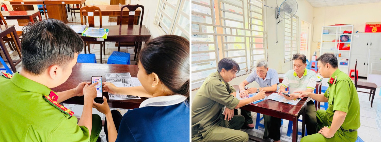 Cán bộ Công an phường hướng dẫn người dân sử dụng tài khoản định danh điện tử và thực hiện các thủ tục hành chính qua ứng dụng VNeID