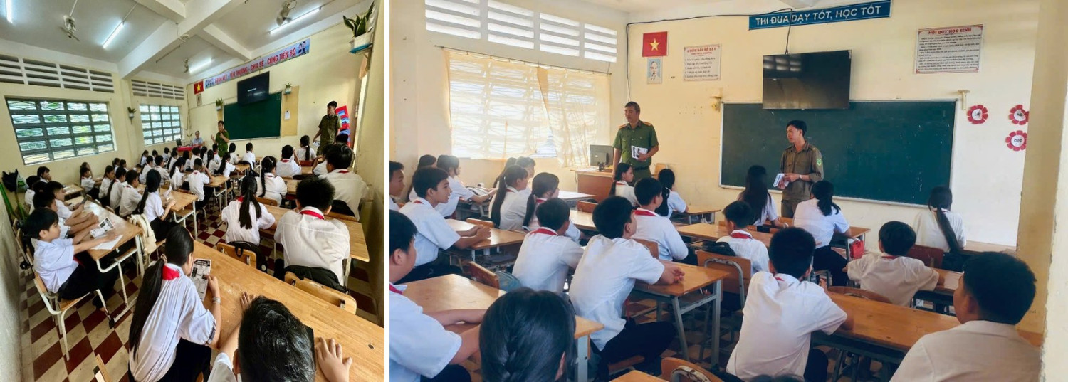 ảnh Công an xã đến từng lớp học tuyên truyền và nhân rộng đến từng hộ gia đình.