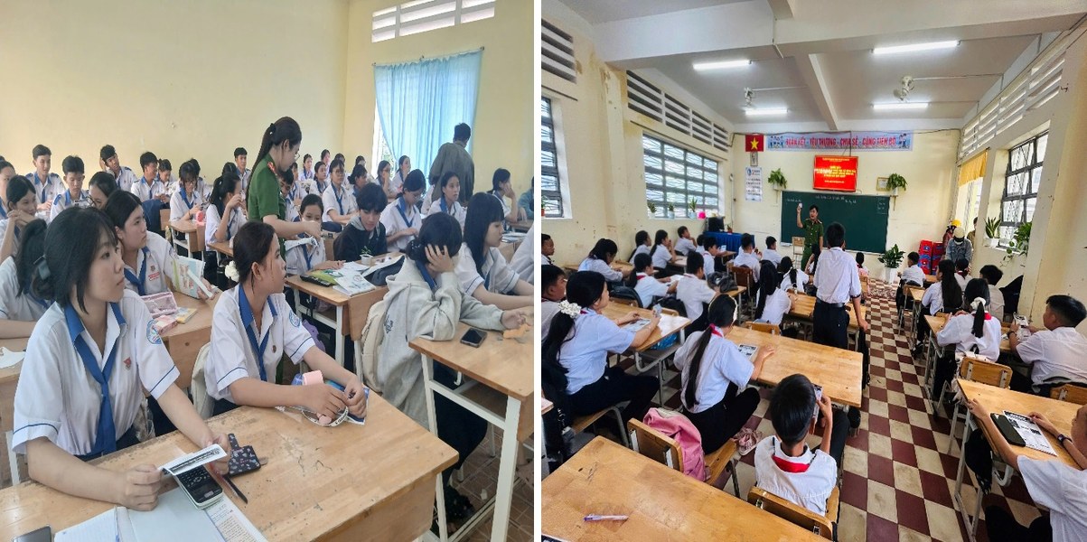 ảnh Công an xã đến từng lớp học tuyên truyền và nhân rộng đến từng hộ gia đình.