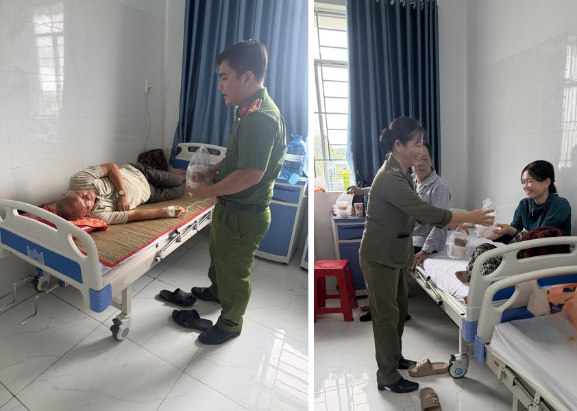 Chi đoàn Công an xã Nhu Gia cùng lực lượng tham gia bảo vệ an ninh, trật tự ở cơ sở trao tận tay 100 suất ăn nghĩa tình đến bệnh nhân và người nhà bệnh nhân.