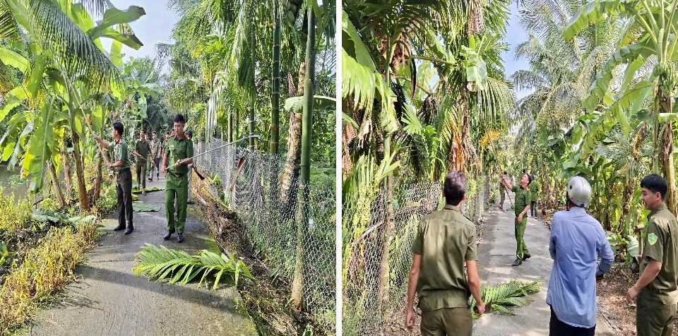 Cán bộ, chiến sĩ Công an xã Phụng Hiệp phối hợp lực lượng tham gia bảo vệ ANTT ở cơ sở phát quang cây xanh, bụi rậm ven đường.