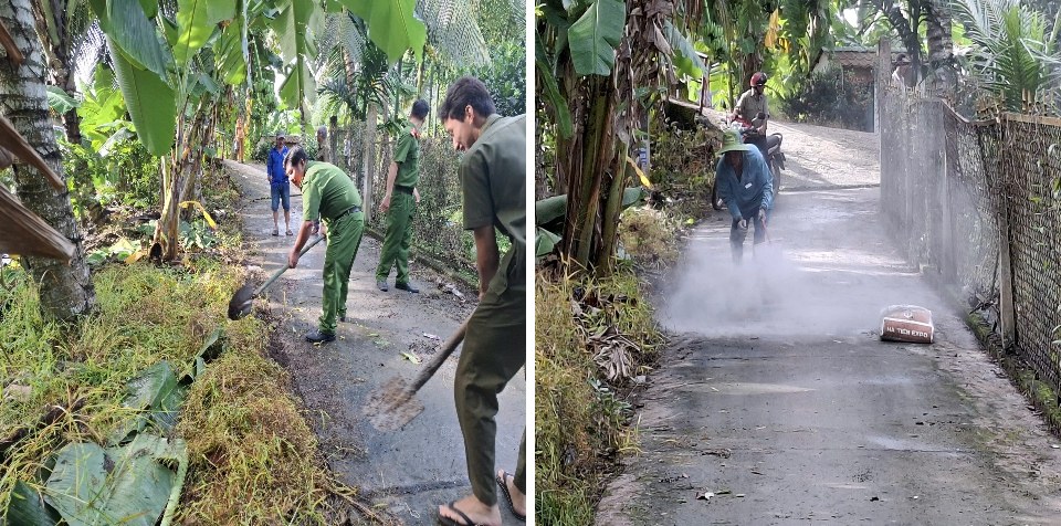 Cán bộ, chiến sĩ Công an xã Phụng Hiệp phối hợp lực lượng tham gia bảo vệ ANTT ở cơ sở phát quang cây xanh, bụi rậm ven đường.