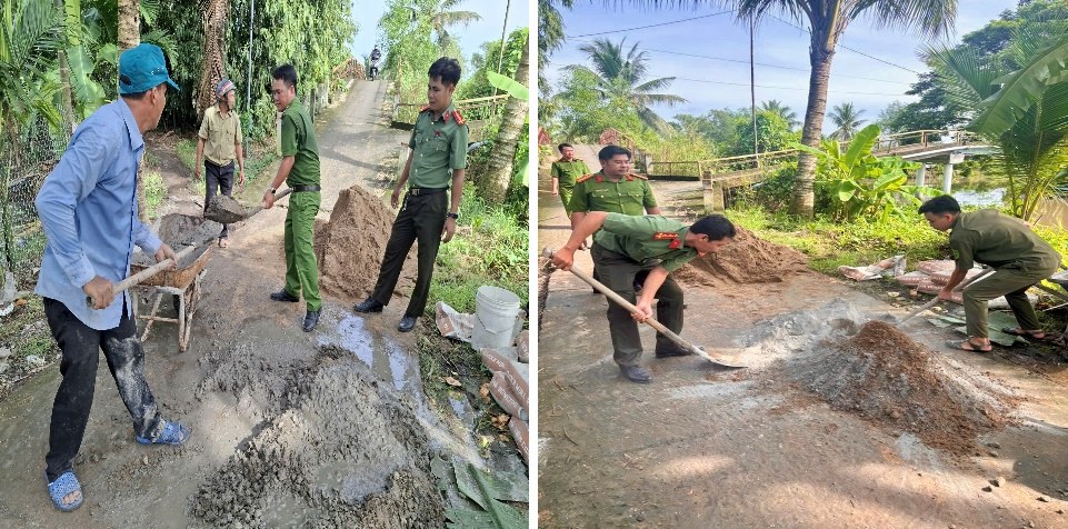 Các lực lượng vận chuyển vật liệu, trộn bê tông, dặm vá những vị trí mặt đường hư hỏng.