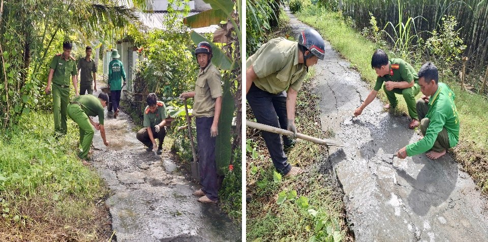 Các lực lượng vận chuyển vật liệu, trộn bê tông, dặm vá những vị trí mặt đường hư hỏng.