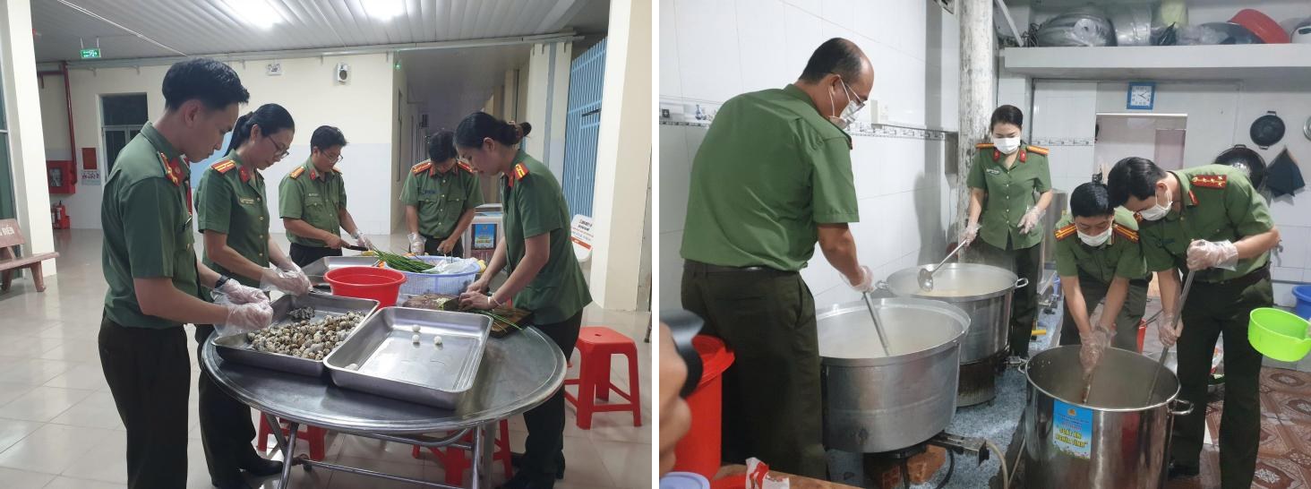 Cán bộ, chiến sĩ tỉ mỉ sơ chế nguyên liệu và thức sớm nấu cháo để kịp trao cho bà con vào buổi sáng.