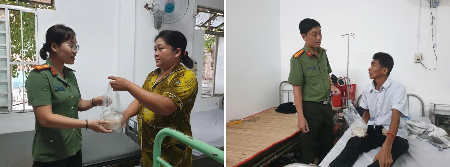 Trao suất ăn và hỏi thăm, động viên tinh thần các bệnh nhân đang điều trị.