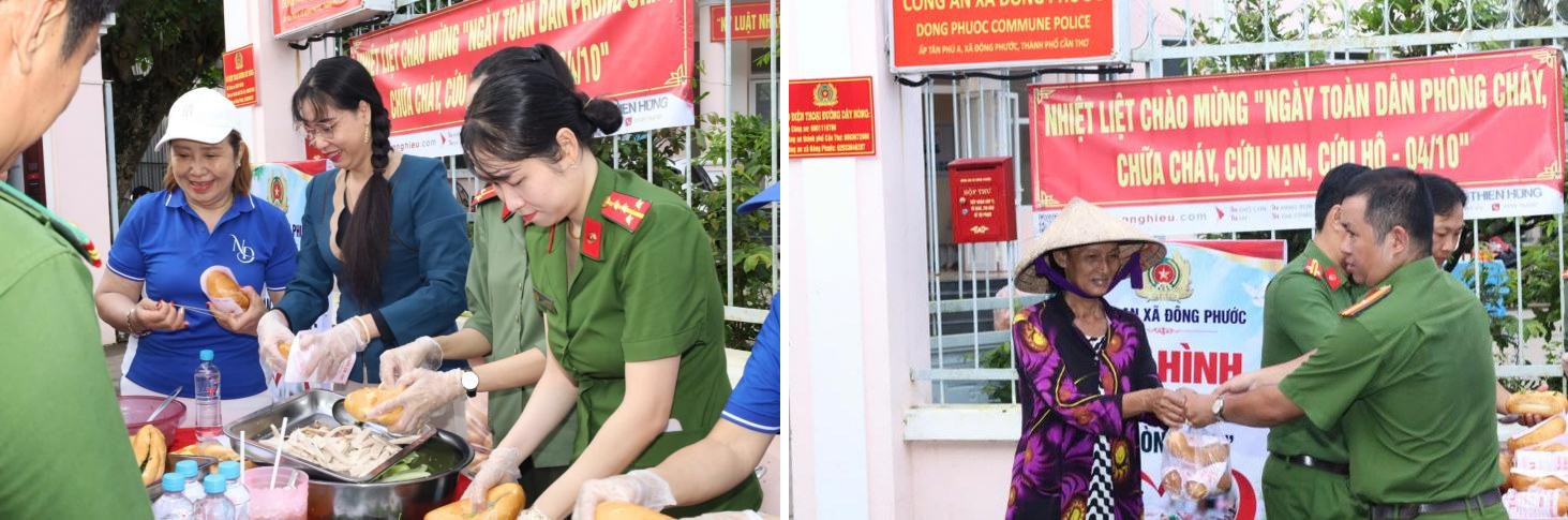 Công an xã Đông Phước phối hợp cùng các đoàn thể chuẩn bị và trao các phần bánh mì cho người dân.