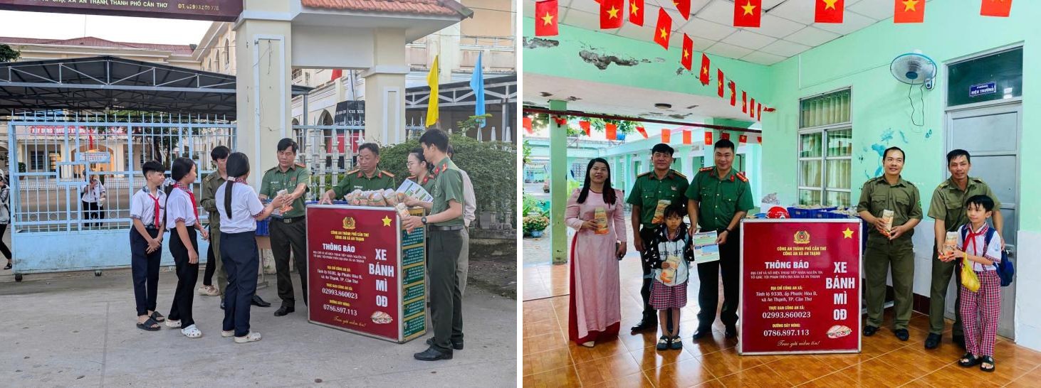 Mô hình “Xe bánh mì 0 đồng” và tuyên truyền pháp luật cho học sinh trước cổng trường của Công an xã An Thạnh.