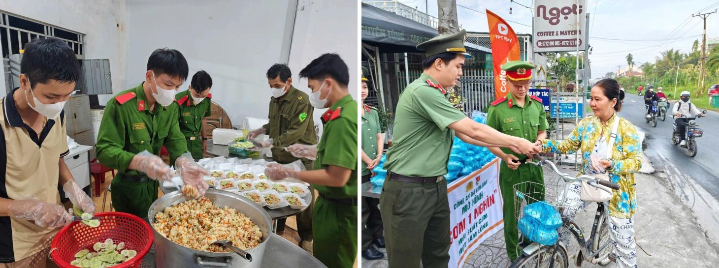 Công an xã Tân Bình chuẩn bị các phần cơm và trao tận tay suất “Cơm 1 nghìn” cho người lao động nghèo.