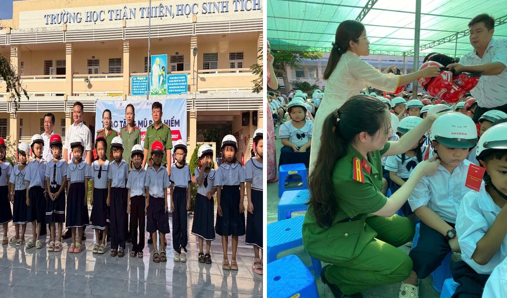 Phát nón bảo hiểm cho học sinh