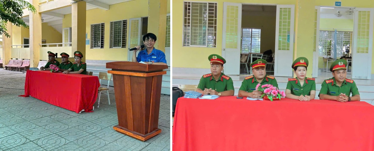Cán bộ Công an xã Nhu Gia và đại diện Ban Chấp hành Đoàn trường phối hợp tuyên truyền, phổ biến kiến thức pháp luật về an toàn giao thông.