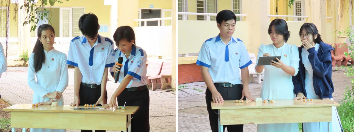 Hình ảnh học sinh tham gia các vòng thi tìm hiểu kiến thức về an toàn giao thông.
