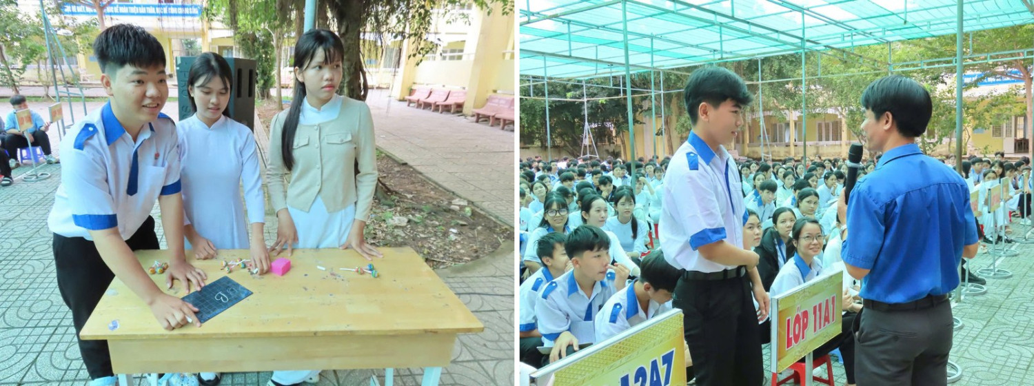Hình ảnh học sinh tham gia các vòng thi tìm hiểu kiến thức về an toàn giao thông.