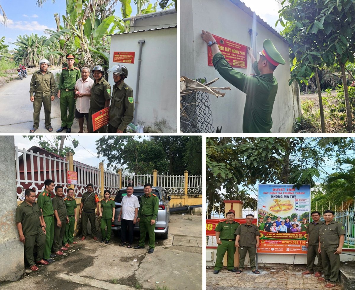 Công an cơ sở phối hợp lắp đặt biển thông tin đường dây nóng, giúp người dân thuận tiện phản ánh các vấn đề liên quan đến an ninh, trật tự.
