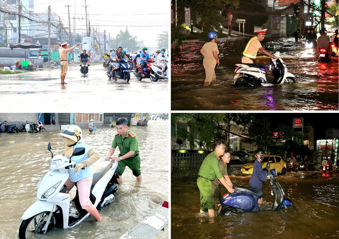 Lực lượng Công an điều tiết giao thông, hỗ trợ người dân di chuyển an toàn qua khu vực bị ảnh hưởng bởi triều cường.
