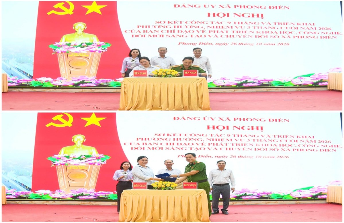 Đồng chí Võ Thị Hồng Hạnh, Ủy viên Ban Thường vụ, Chánh Văn phòng Đảng ủy và đồng chí Thượng tá Trương Vĩnh Phúc, Ủy viên Ban Thường vụ Đảng ủy, Trưởng Công an xã ký biên bản giao, nhận nhiệm vụ Cơ quan thường trực thực hiện Nghị quyết 57-NQ/TW.
